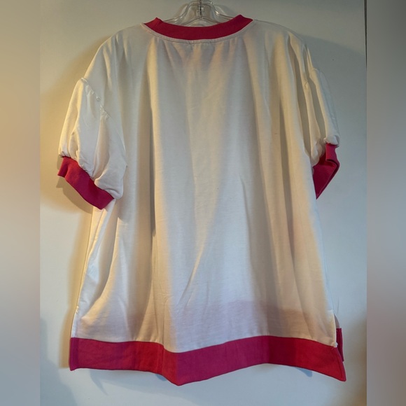 NWOT Colorful Sequined Egg Patterned White and Pink trim Top - Picture 5 of 5